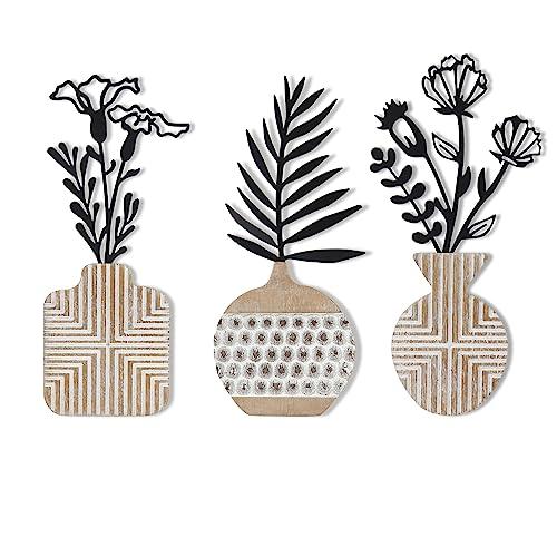 Oakrain 3 Pieces Metal Vase Flowers Wall Arts Minimalist Black Metal Flower Wall Decor for Living Room, Kitchen, Bedroom, Farmhouse Wall Sculptures Hanging(14x6.3 inches)