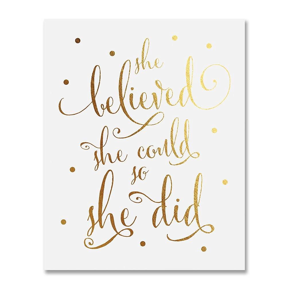 DIGIBUDDHA She Believed She Could So She Did Gold Foil Art Print Inspirational Modern Wall Art Decor 8 inches x 10 inches B5