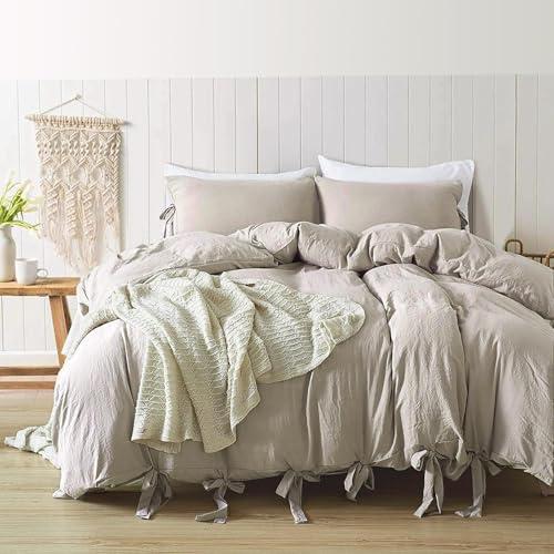 annadaif King Size Duvet Cover Khaki, 3 Pieces Soft Washed Microfiber Duvet Cover Set, Comforter Cover with Bowknot Bow Tie (1 Duvet Cover 104x90 Inch, 2 Pillowcases)(Pinkish Under Warm Light)