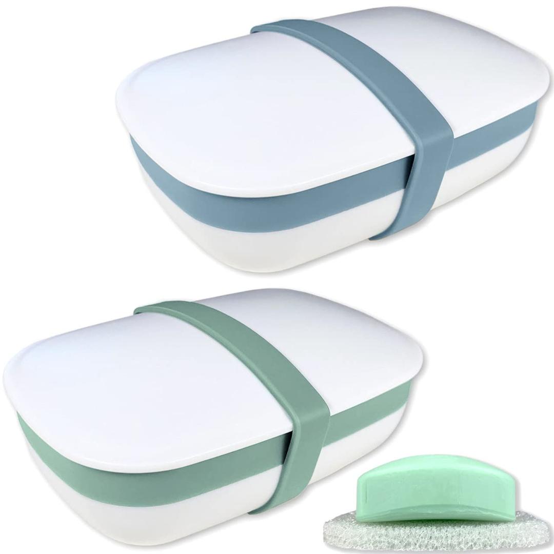 2Pack Travel Soap Holders, Soap Bar Box Dish Container Case, with Sponge Saver& Band, for Gym, Travel (Blue & Green)