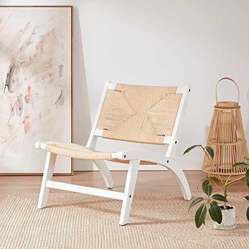 Modern Boho Accent Chairs for Living Room,Mid Century Lounge Chair,Side Chair Indoor Scandinavian Cognac Natural Wood Beech Braided Jute Woven Weave Paper Rope Seat Accent Chair