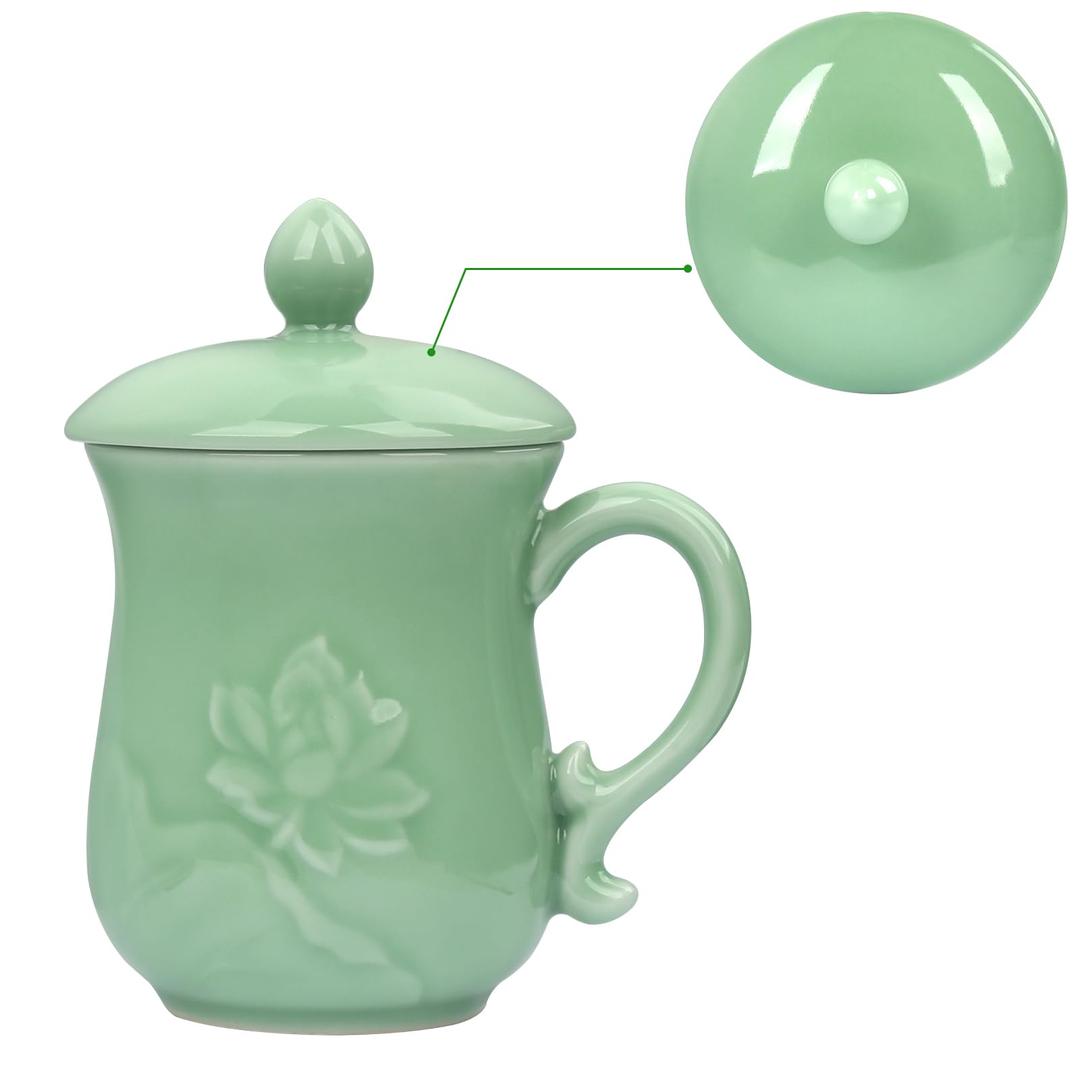 Porcelain Lotus Tea Cup with Lid, 11oz Ceramic Tea Mug, Microwave Dishwasher Safe, Aesthetic Chinese Celadon (lotus)