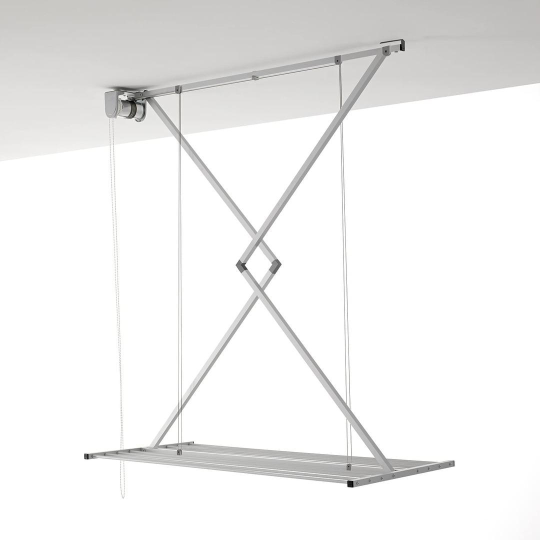 foxydry Mini, Ceiling Mounted Pulley Clothes Airer, Clothes Drying Rack, Vertical Folding Laundry Drying Rack in aluminium and steel 50.40x21.26x9.84 IN (Grey, 120)