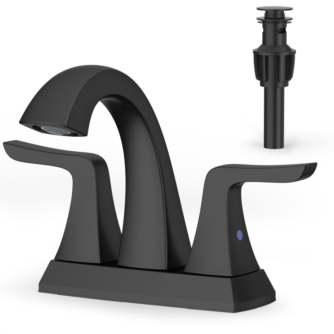 Matte Black Bathroom Sink Faucet - Rainsworth 4 inch Widerspread Bathroom Faucets for 2 Hole with 2-Handles Pop-up Drain, Touch on Morden Faucet for Vanity RV Bath