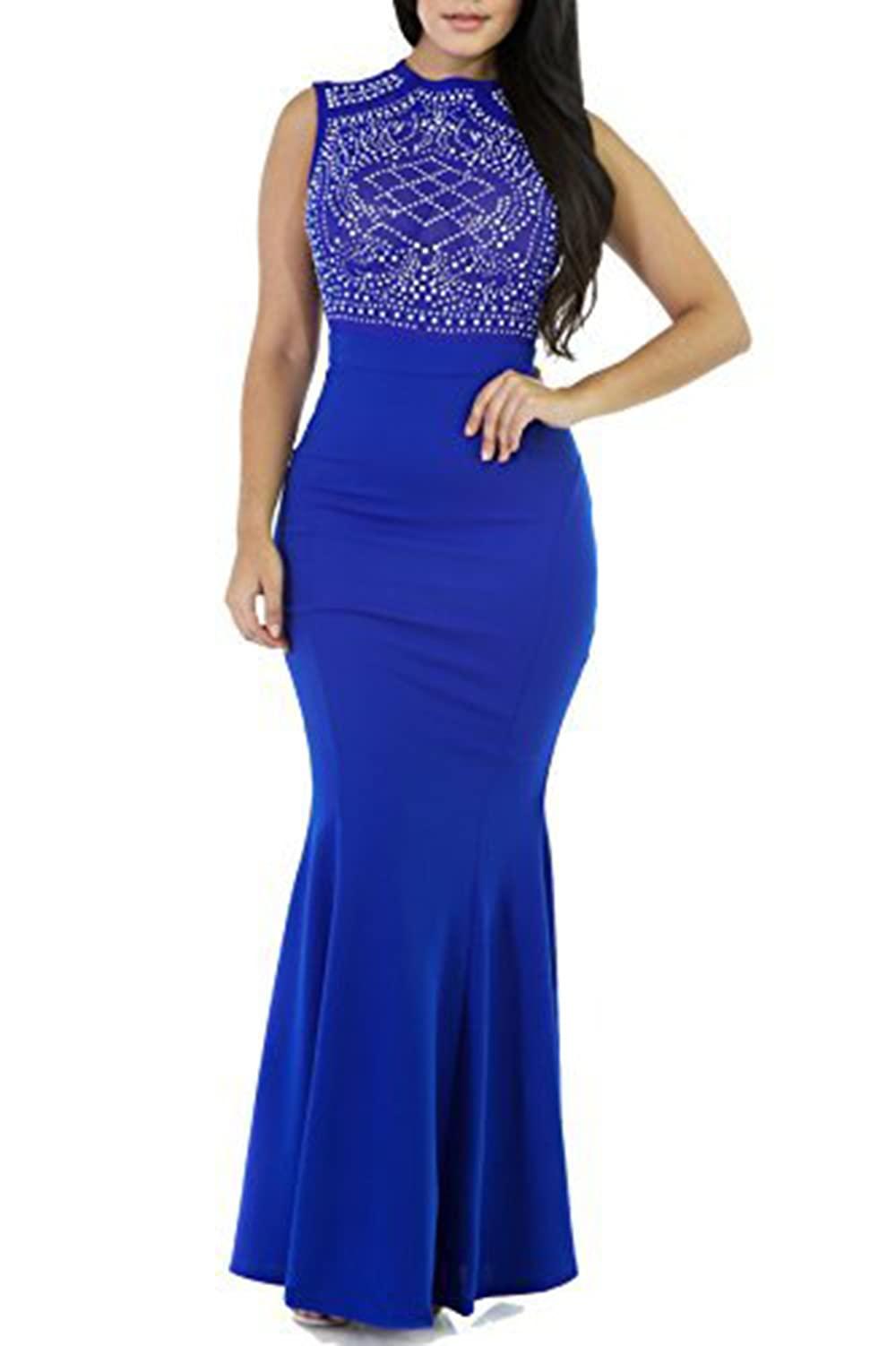 PRETTYGARDEN Women's Long Fitted Beading Sleeveless Mermaid Evening Gown Dress