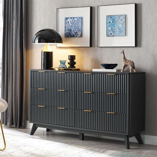 T4TREAM Fluted 6 Drawers Dresser, 54" Wide Modern Chest of Drawers with Faux Marble Top, Curved Profile Design, Dresser TV Stand, Wood Drawer Organizer for Bedroom, Living Room, Hallway, Dark Grey