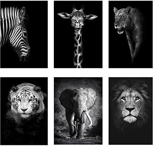 Black and White Posters Wall Art,Animals Canvas Picture Prints Modern Aesthetic Posters,Lion,Elephant,Zebra,Giraffe Wall Decoratio 21 x 30cm Unframed Set of 6 Prints For Living Room