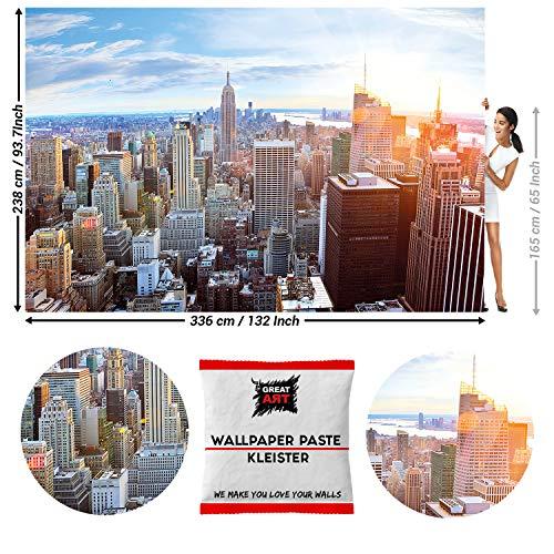 GREAT ART Photo Wallpaper New York Skyline Decoration 132.3x93.7in / 336x238cm – Penthouse View Panorama Dawn Big Apple America USA Skyscrapers Mural – 8 Pieces Includes Paste