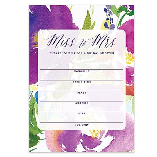 DB Party Studio Tropical Bridal Shower Invitations Future Bride Miss to Mrs Pretty Purple Flowers Watercolor Fill-In Invites w Envelopes ( 25 Count Value Pack ) Island Floral Wedding Party VI0085B