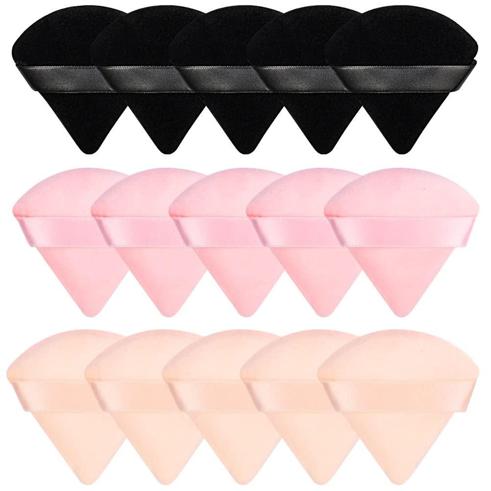 Pimoys 15 Pieces Powder Puff Face Soft Triangle Makeup Velour Puff, Beauty Sponge for Loose Powder and Cosmetic Foundation, Blender Makeup Tool (Black, Pink, Flesh)