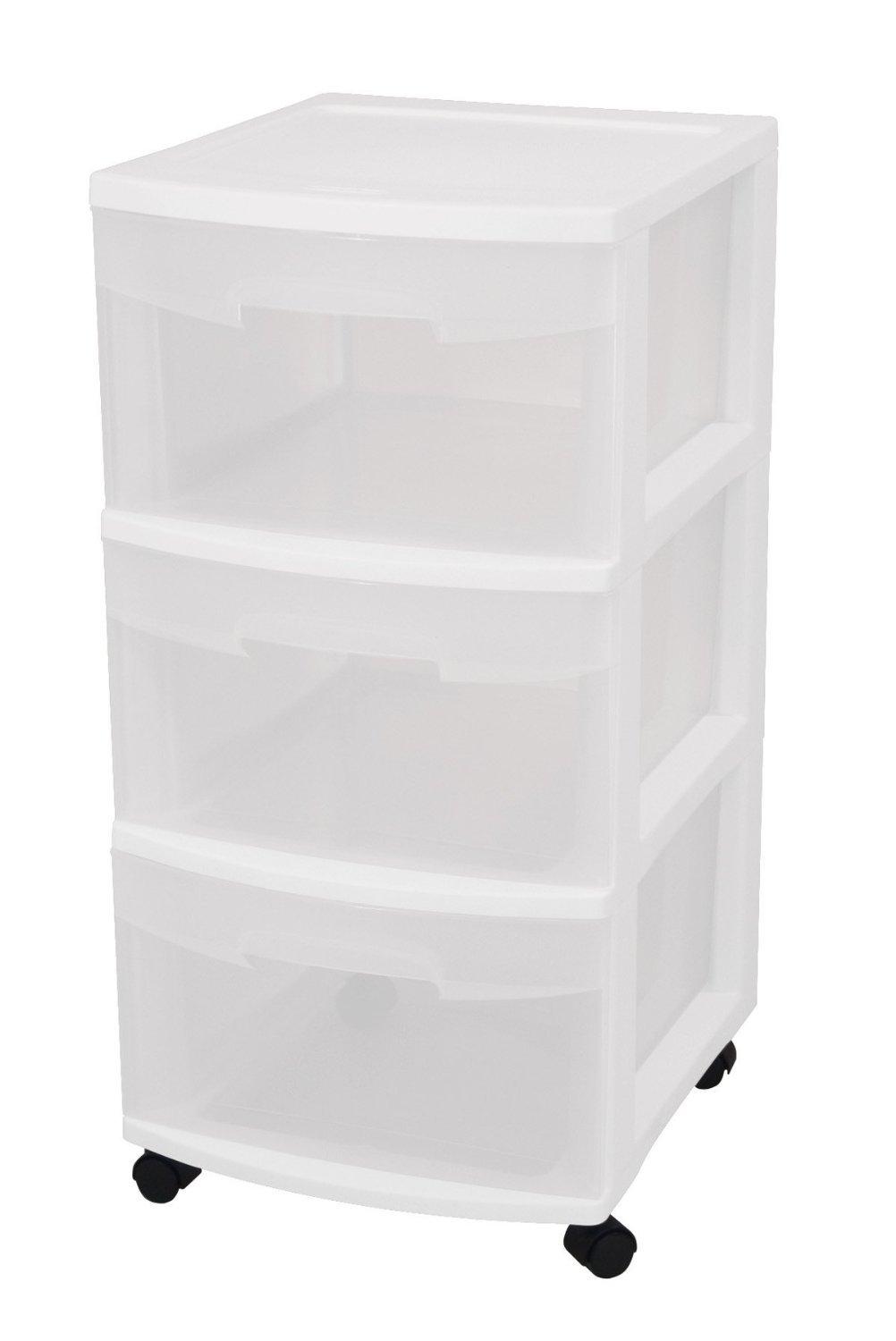 Sterilite 3 Drawer Storage Cart, Plastic Rolling Cart with Wheels for Home, College Dorm, Craft Room, and Desk Organization, 2-Pack, White & Clear