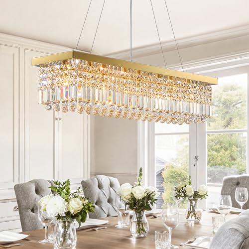 SiljoyRectangular Gold Crystal Chandelier 8 Lights Modern Rectangle Raindrop Pendant Ceiling Light Fixture for Living Dining Room Kitchen Island Bar L40'' x W10'' x H10''