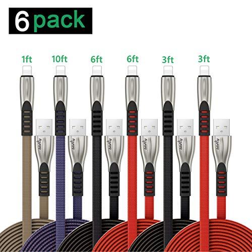 Phone Charger Cable 6 Pack Multipack 1/3/3/6/6/10 FT,Charging Cords, Long Fast Lighning Cable Cords Set, Unbreakable Nylon Sync Charger Cords for Phone XS Max/XR/8/7Plus/6S/6 Pad Charger