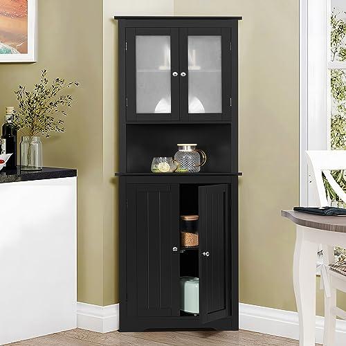 Iwell 63.8" Tall Corner Cabinet with 4 Doors and 5 Storage Shelves, Corner Bathroom Cabinet, Home Space Saver for Bathroom, Living Room, Bedroom, Kitchen, Black