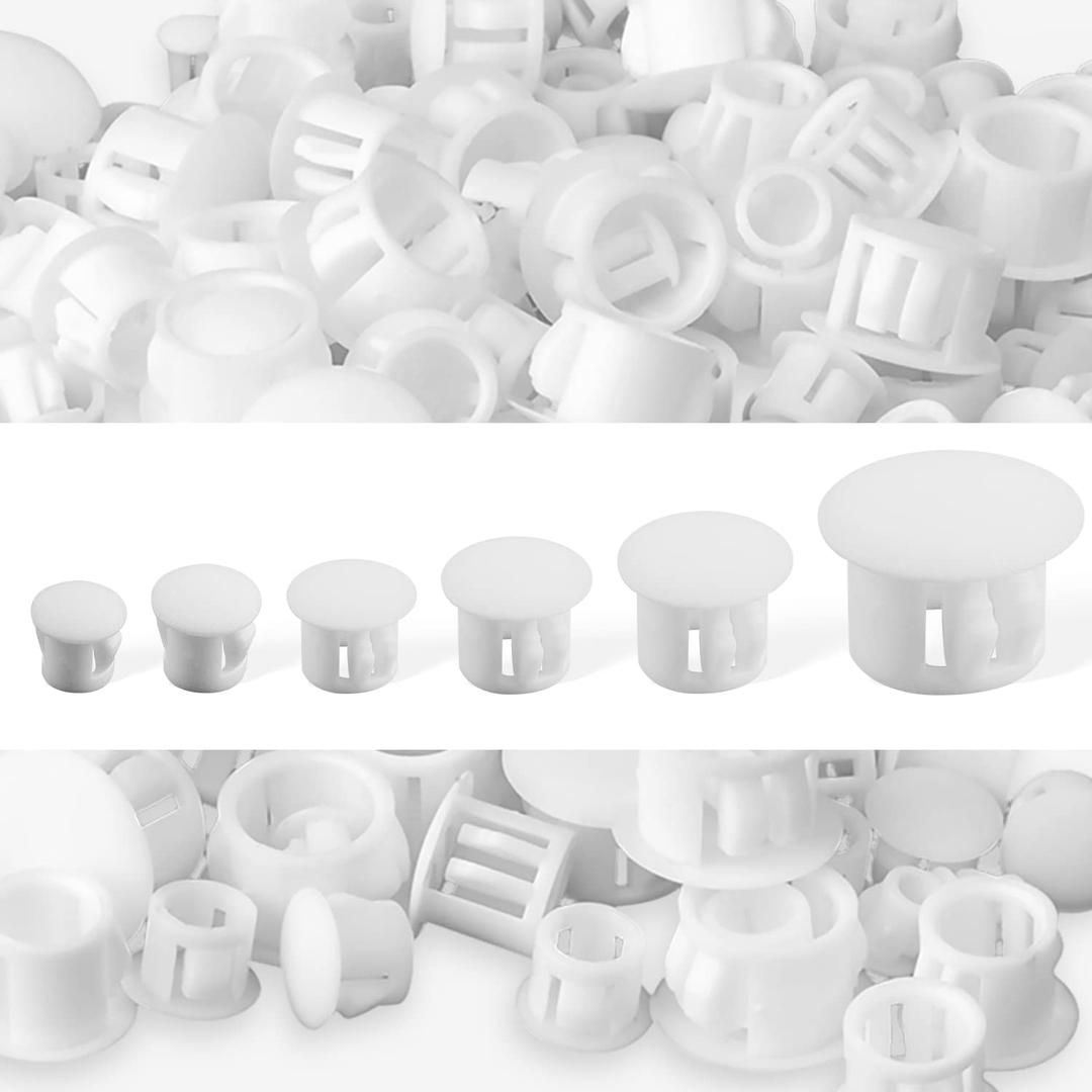 6 Sizes Plastic Hole Plugs, 3/16",1/4", 3/8", 1/2", 5/8", 3/4" Screw Hole Plugs Screw Plastic Covers Furniture Hole Plug Assortment for Locking Hole Tube Furniture Cabinet (200pcs, White)