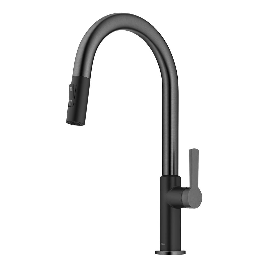 KRAUS Oletto Single Handle Pull Down Kitchen Faucet in Matte Black/Spot Free Black Stainless Steel, KPF-2820MBSFSB