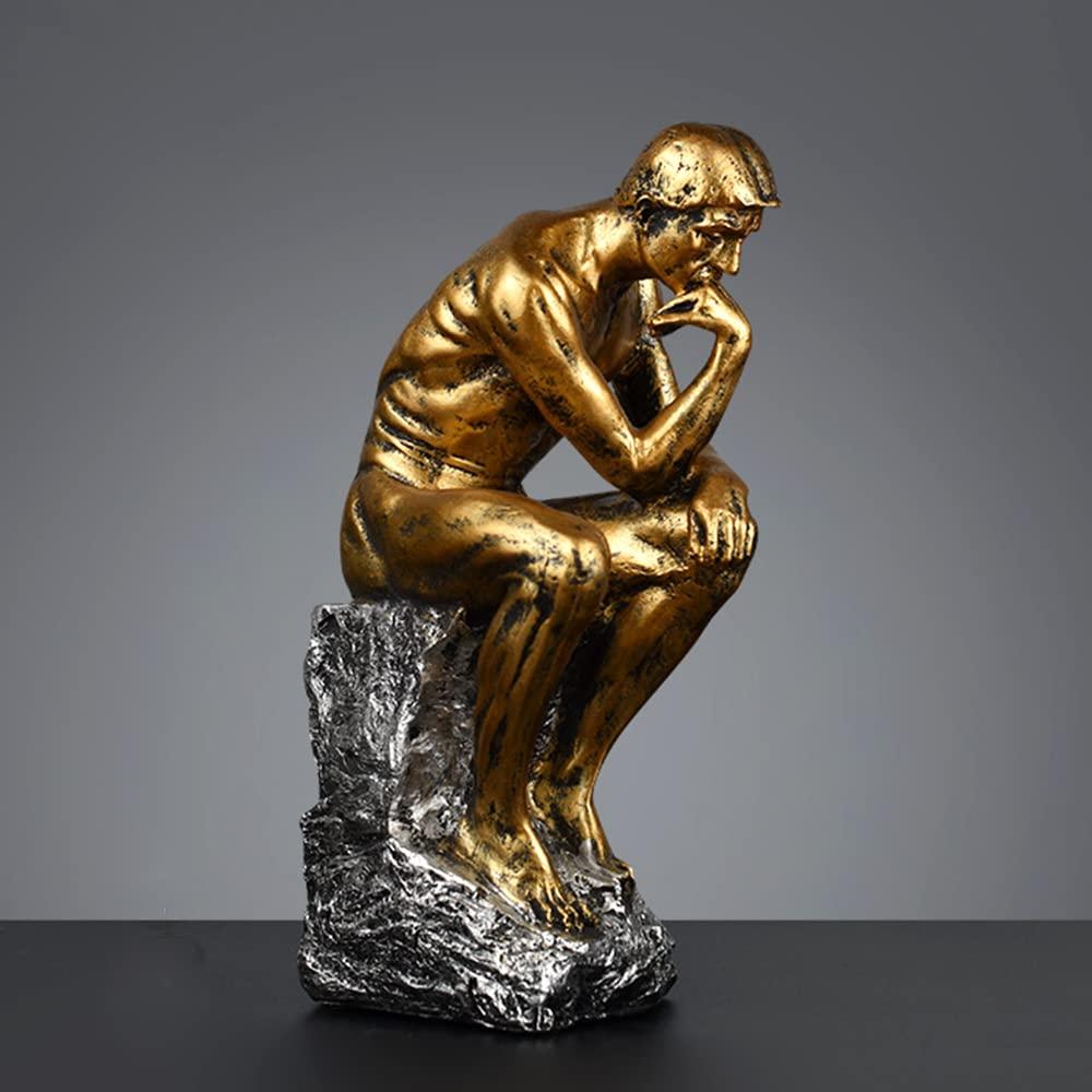 FUNSXBUG 10 Inch Resin The Thinker Statue Thinking Man Sculptures Collectible Figurine Home Office Decor Living Room Decoration (Gold)