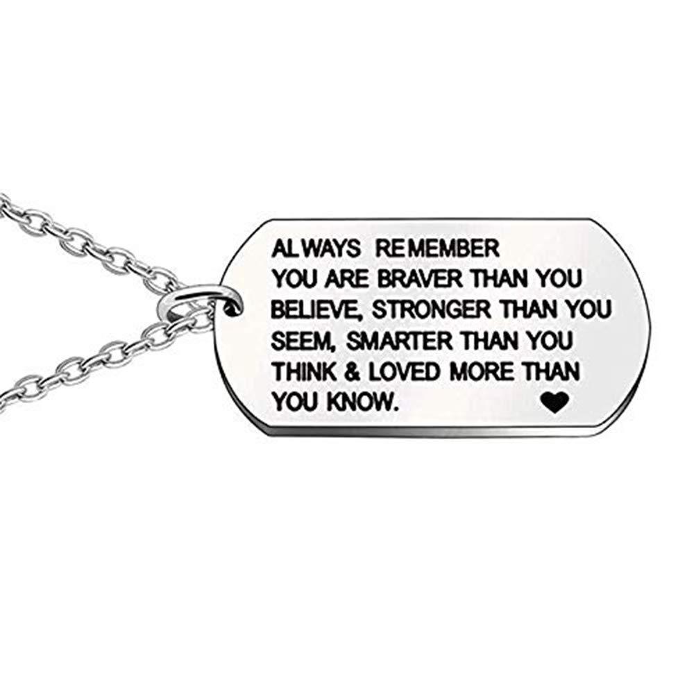 LoruiEngraved Tag Pendant Necklace Keychain Message Engraved Always Remember You are Braver Letter Pendant Inspirational Gift Men