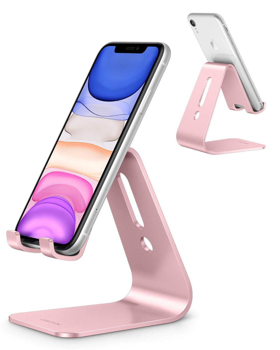 OMOTON Upgraded Aluminum Cell Phone Stand, C1 Durable Cellphone Dock with Protective Pads, Smart Stand Designed for iPhone 15, 14/13/12/11 Pro Max XR XS, iPad Mini, Android Phones,Rose Gold