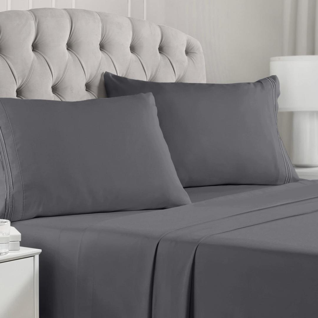 Mellanni Queen Sheets Set - 4 PC Iconic Collection Bedding Sheets & Pillowcases - Hotel Luxury, Extra Soft, Cooling Bed Sheets - for Women, Men, Kids & Teens (Queen, Gray)