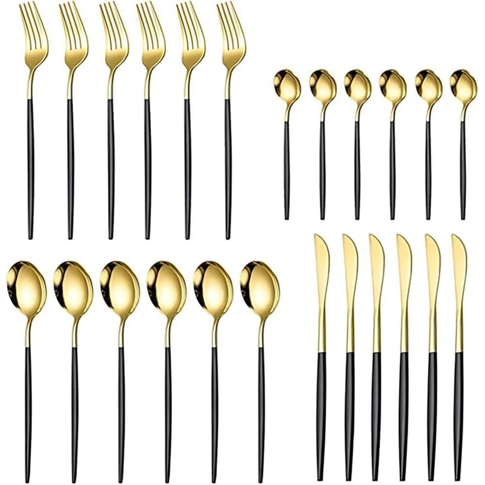 TOMVAES 24-Piece Kitchen Cutlery Set with Stainless Steel, Elegant Flatware Sets for Home, Party, Hotel, and Restaurant Use, Durable Silverware Set, Anti-Rust, Easy to Clean (Black & Gold)