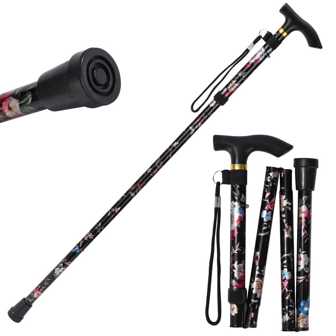 Walking Cane ANCKNE Cane for Woman | Lightweight, 5-Level Height Adjustable and Aluminum Folding Canes for Seniors | Ergonomic Wheeled Handle | Portable Walking Stick Collapsible Cane