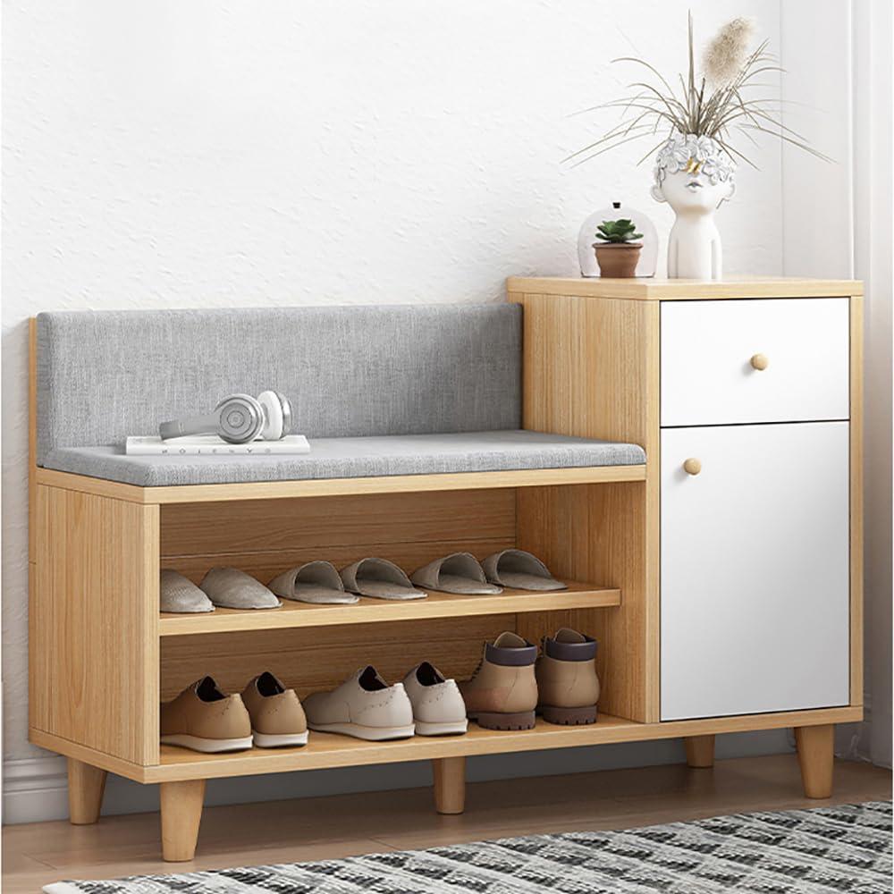 MUMOO BEAR Shoe Storage Bench, Wooden Shoe Bench with Soft Cushion Seat, Storage Rack and Side Cabinet, Entryway Shoe Cabinet for Home Hallway Bedroom Living Room (YN007)