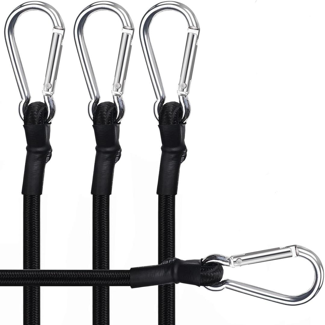 Wawasia 4 Pcs Heavy Duty Bungee Cords with Carabiners,8mm Outdoor Tie Down Strap, Black Bungee Straps with Upgraded Carabiner Hooks for Luggage Rack, Cargo, Hand Carts, Bike, Camping