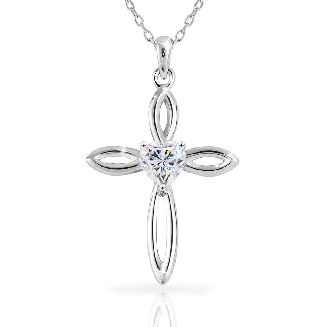 Kuschelkatze1CT Moissanite Cross Necklace for Women with Heart-shaped Moissanite, Gift for Christian Belivers,Sterling Silver,Celtic Knot,Christian Gifts,Elegant Pendant for Women