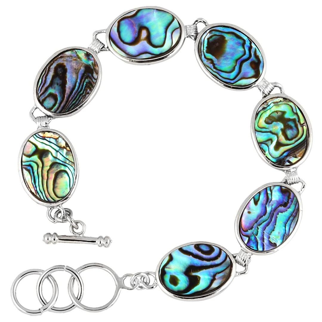 TUMBEELLUWANatural Abalone Shell Bracelet for Unisex, Rainbow Sea Shell Bangle with Adjustable Link