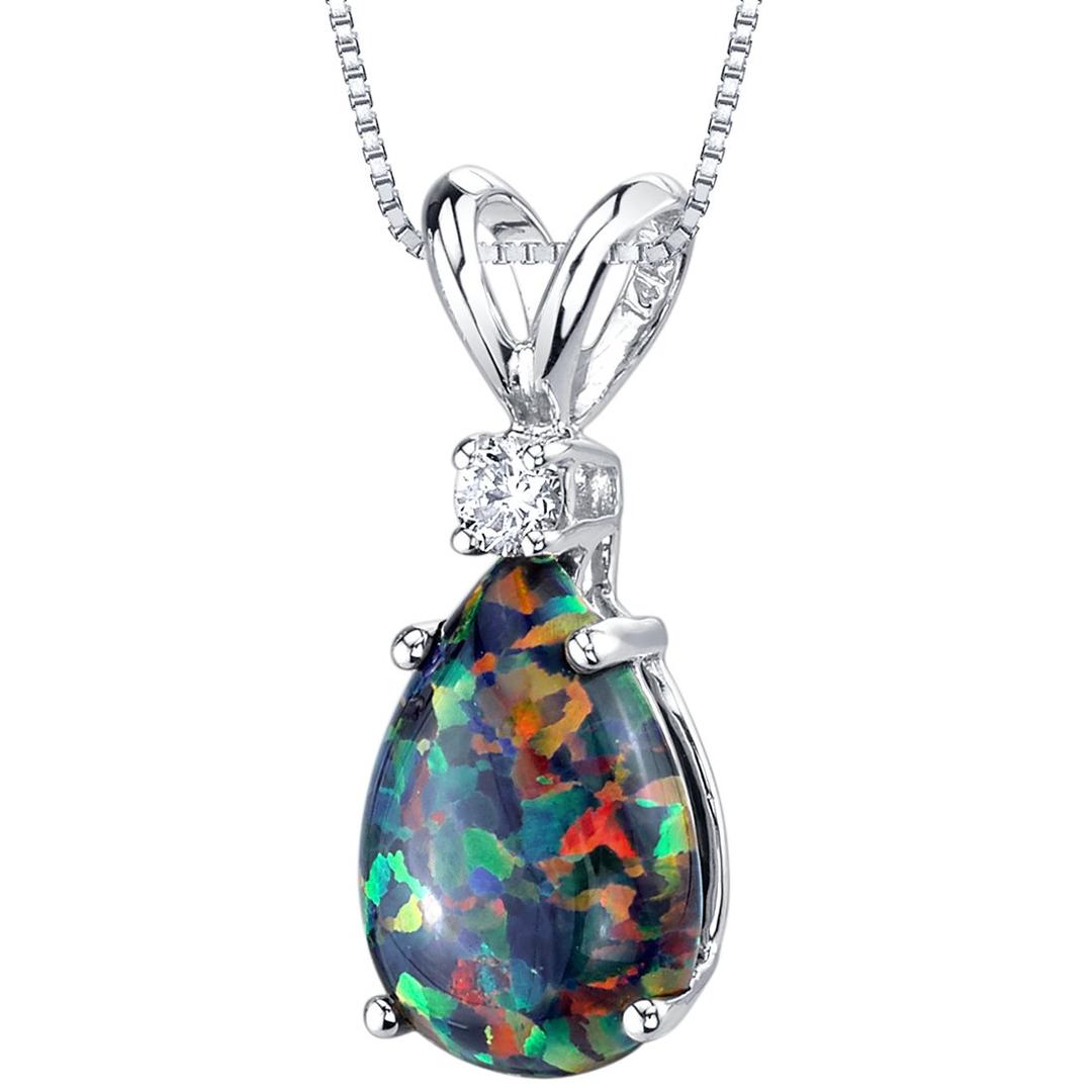 PEORA14K White Gold Created Black Opal with Genuine Diamond Pendant for Women, Elegant Teardrop Solitaire, Pear Shape, 10x7mm, 1 Carat total