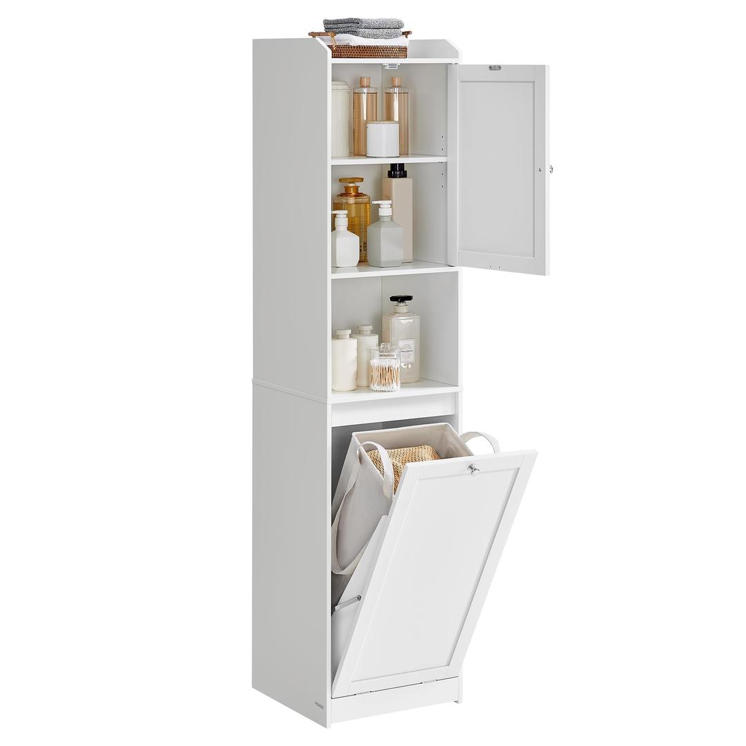 VASAGLE Tall Bathroom Cabinet with Laundry Basket, Removable Laundry Basket with Handles, Compartment with Door, Linen Tower, 15.8 x 15.8 x 66.9 Inches, Cloud White UBBC761W01