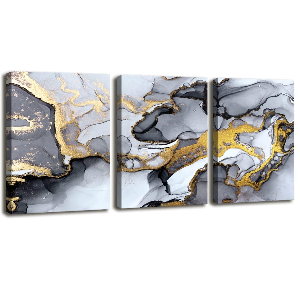 Youshion ArtBlack and White Grey Abstract ,Modern Framed Gold Fluid Ink Canvas Wall Prints,Wall for Bedroom Living Room Office Wall Decor Picture work Home Decor Ready to Hang 12" X 16" 3 Pieces