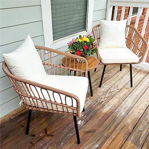 YITAHOME3 Pieces Outdoor Wicker Patio Conversation Bistro Set, All-Weather Rattan Patio Furniture Set with Table & Cushions, Outdoor Sectional Sofa for Patio, Balcony, Backyard, Deck