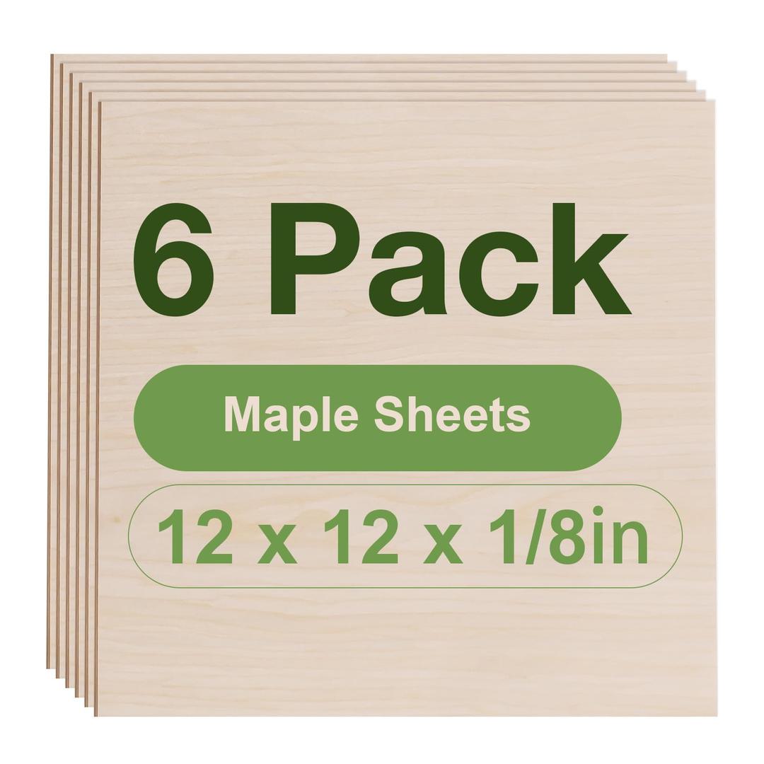 Rowood 6 Pack Maple Plywood 1/8,12x12x1/8inch,3mm Wood Sheets Thin Unfinished Maple Plywood for Laser Cutting and Engraving,DIY Adult Craft Project Kits for Ornaments, Models Drawing,Wood Burning