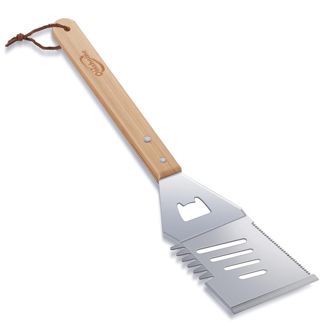 4-in-1 BBQ Spatula, Multifunction Grill Spatula with Wooden Handle, perfect for BBQ grills and kebabs for camping picnics