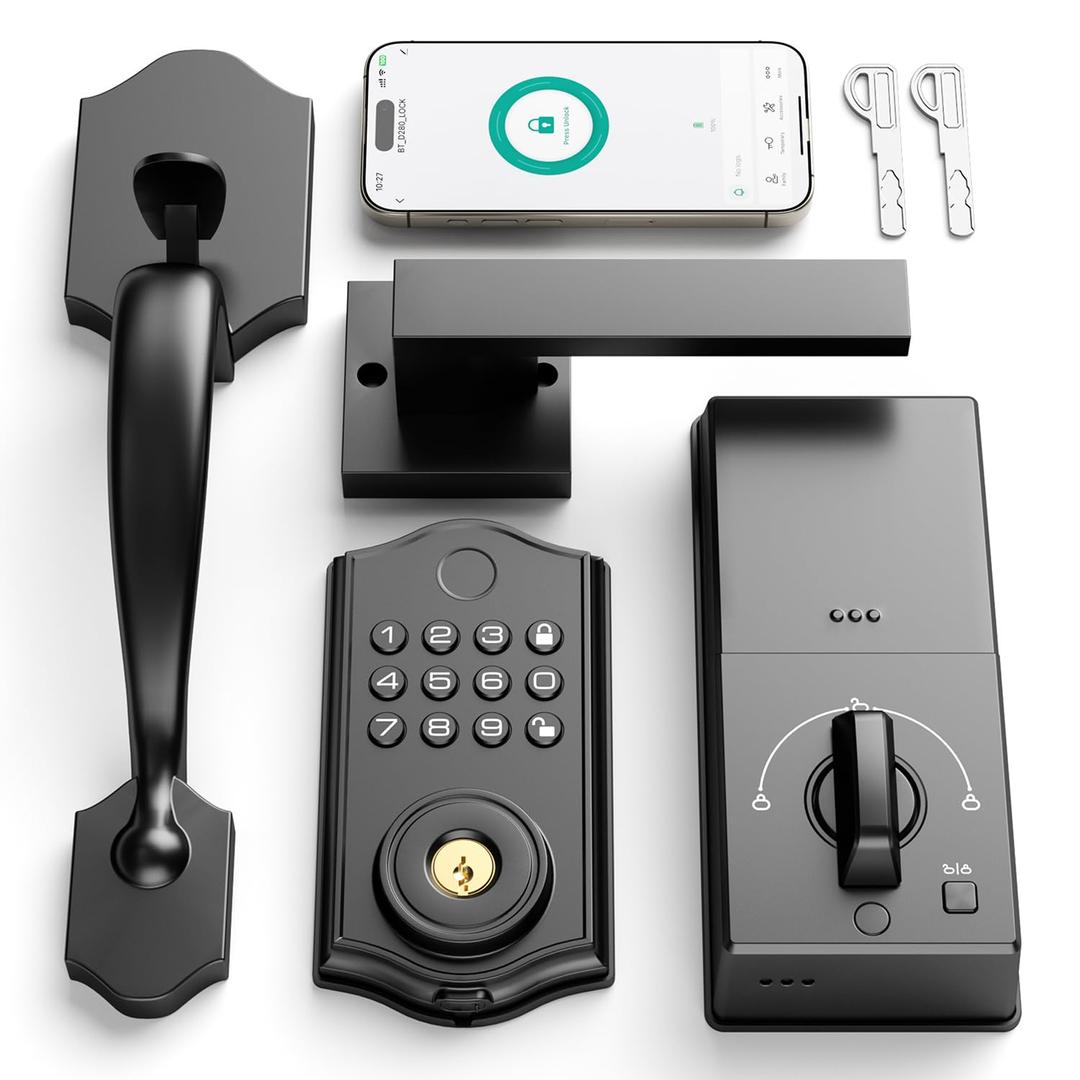 Smart Front Door Lock Set, APP Control Keyless Entry Door Lock with Handle, Smart Fingerprint Deadbolt Lock, Anti-Peeping Electronic Keypad, Auto Lock, Easy Install, Black