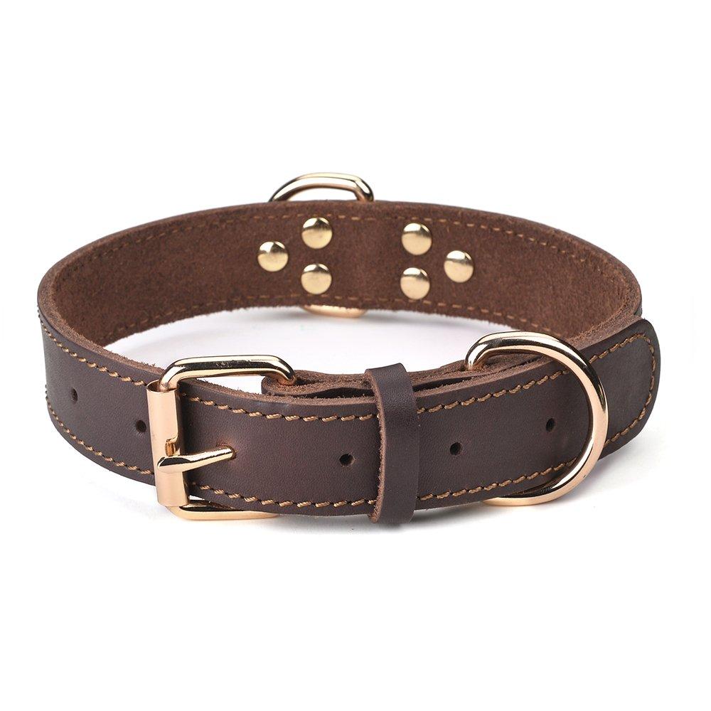 Leather Dog Collar, Heavy Duty, Wide, for Large Dog, Single Stitch - Brown