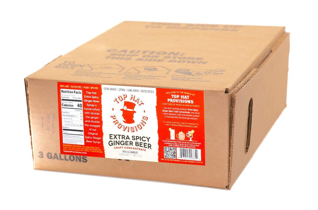 Top Hat Extra Spicy Ginger Beer Soda Syrup - 3 gallon BIB Cocktail mix - Bag in Box Concentrate for Commercial Soda Gun and Fountain Systems - QCD connection Required (adaptors available)