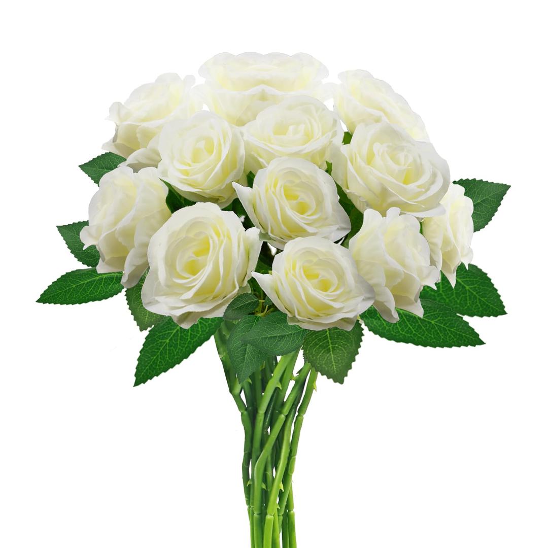 White Artificial Roses with Long Stems, 12Pcs Realistic Roses Artificial Flowers, Faux Roses | Bulk Fake Flowers for Home Decor, Wedding Party Table Centerpieces, DIY Bouquet