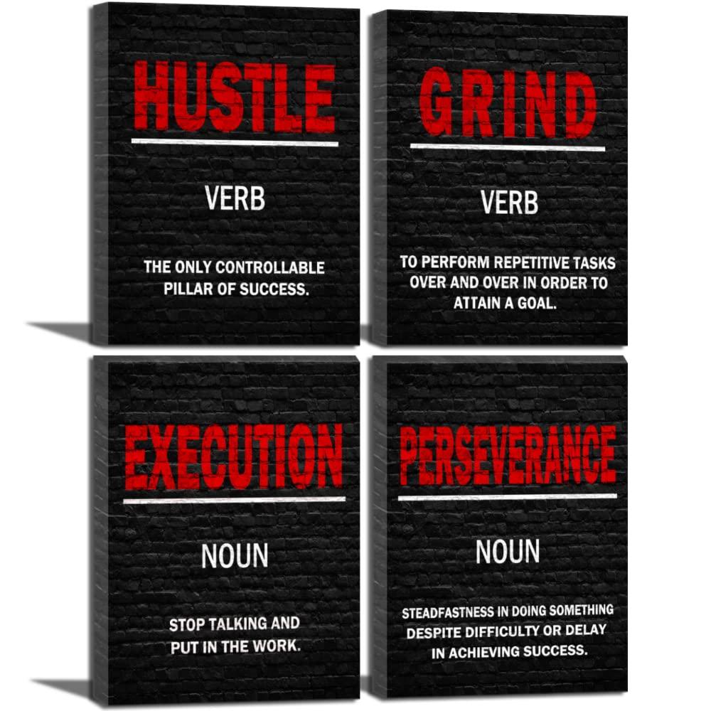 Grind Hustle Execution Motivational Wall Art Office Wall Art Black and Red Canvas Print Office Wall Decor Inspiring Framed Wall Art Success for Office Workplace Decoration Wall Art for Man Woman