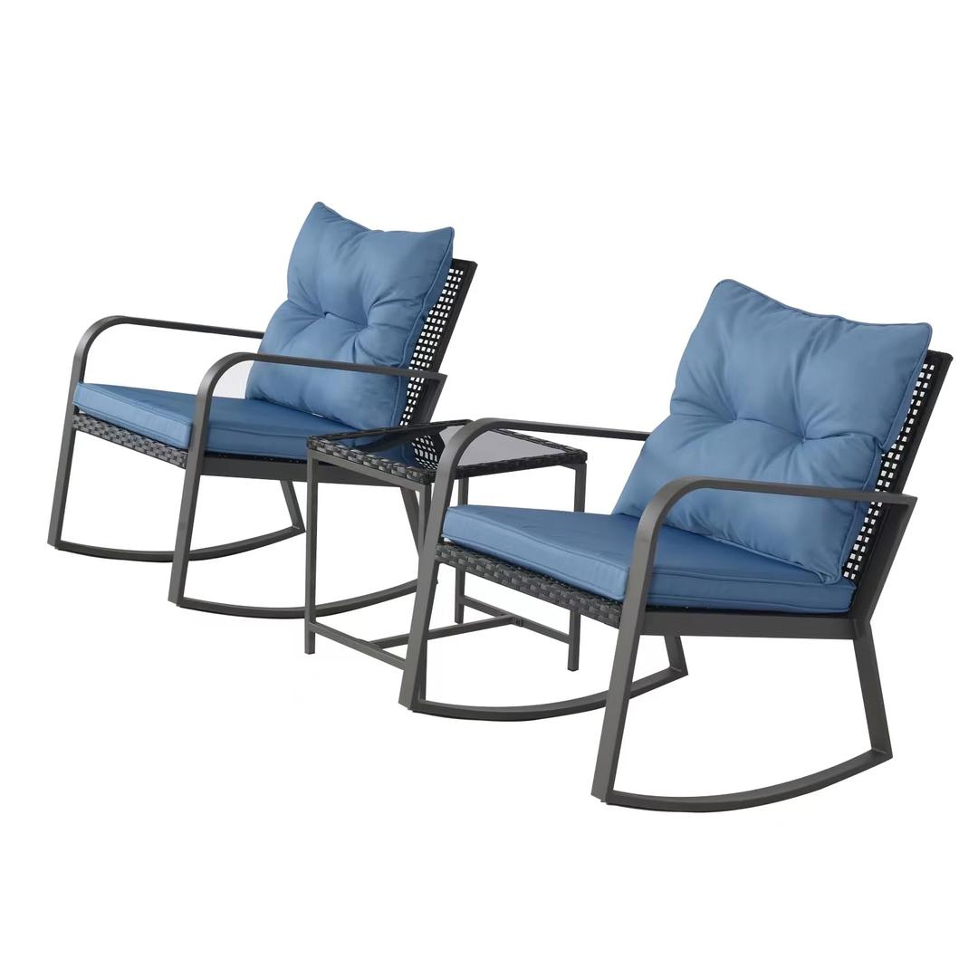 3 Pieces Patio Rocking Chairs Outdoor Bistro Set, Wicker Outdoor Rocker Chair of 2, Porch Sofa Seat Patio Furniture Conversation Sets with Tempered Glass Top Coffee Table & Cushions, Dark Blue