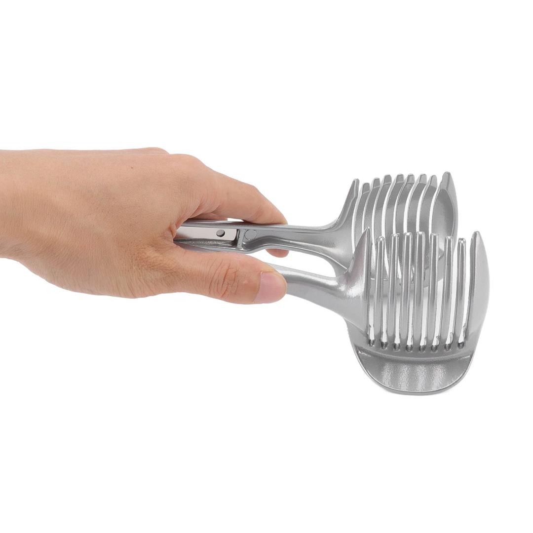 Onion Slicer, Multipurpose Handheld Round Fruit Tongs Aluminium Alloy Onion Holder Tomato Slicer Lemon Cutter Easy Slicing Kiwi Fruits and Vegetable Tools Kitchen Cutting Aid Gadgets