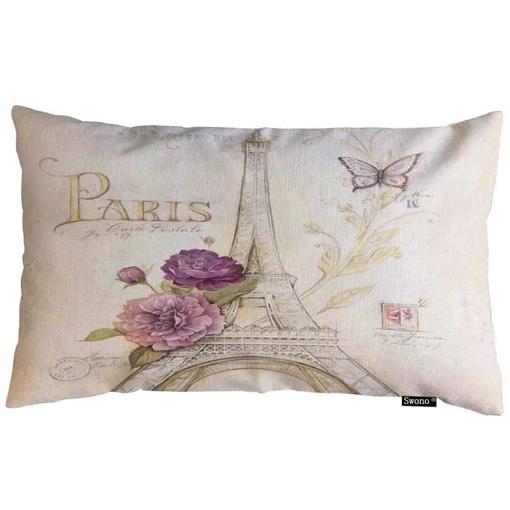 Swono Eiffel Tower Throw Pillow Cover Vintage Paris Art Eiffel Tower with Flower and Butterfly Cotton Linen Decorative Rectangular Pillowcase for Sofa and Bed Couch 12"X20"