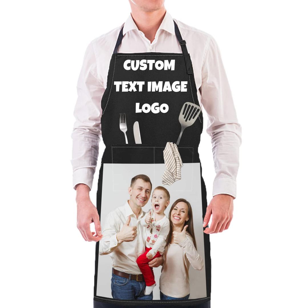 Custom Personalized Kitchen Aprons for Women Men with Pockets Customize Name Text Logo Photo Chef Cooking Apron