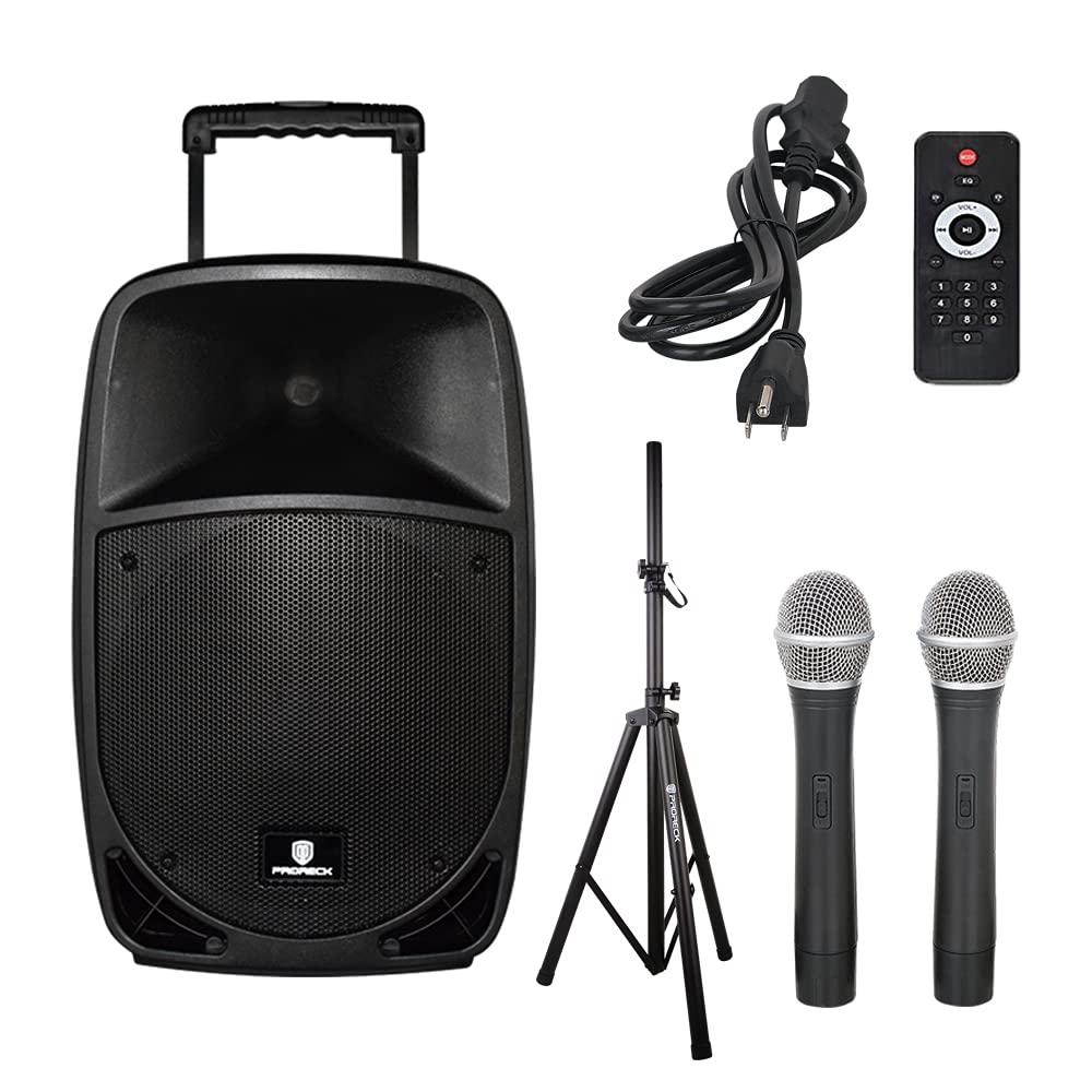 PRORECKFreedom 15 Portable 15-Inch 800 Watt 2-Way Rechargeable Powered Dj/PA Speaker System with Bluetooth/USB/SD Card Reader/FM Radio/Remote Control/Wireless Microphones/Speaker Stand