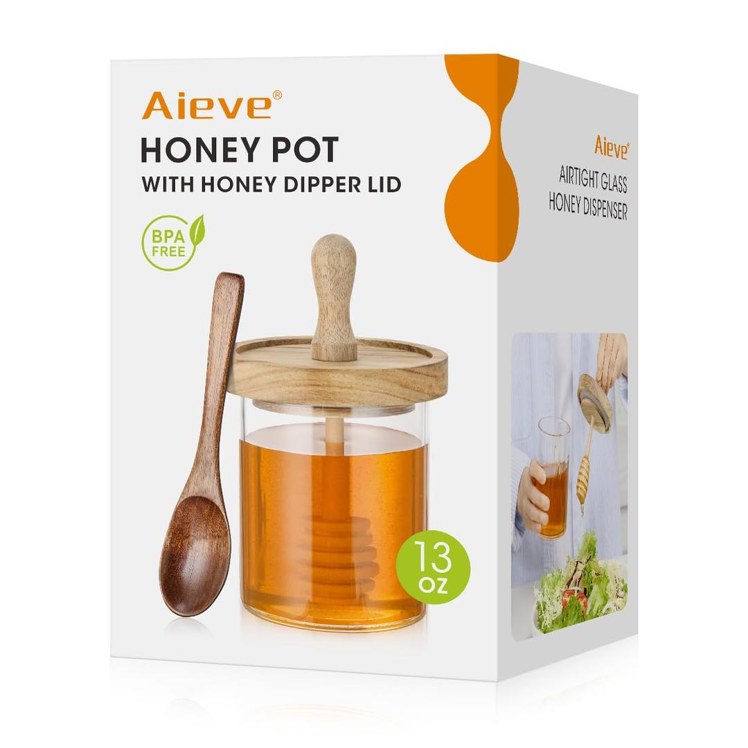 AIEVE Honey Pot and Dipper Lid Set,13oz Glass Honey Jar with Wooden Dipper Stick,Lid Cover and Spoon,Airtight Honey Dispenser Container