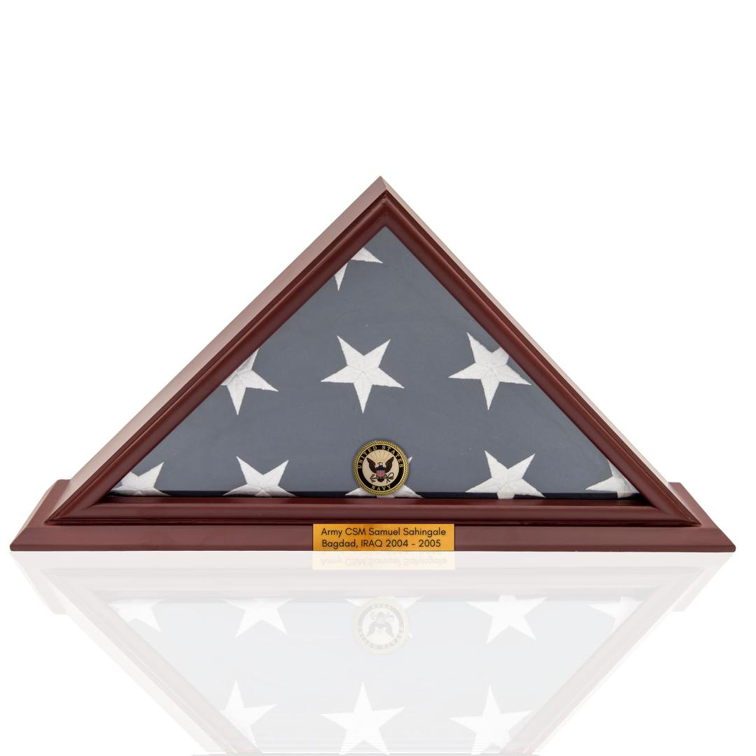 DECOMIL 5x9 American Veteran Burial Flag Display Case, Solid Wood, Cherry Finish, Small Base, Wall Mounted, Customized Name Plate, Navy