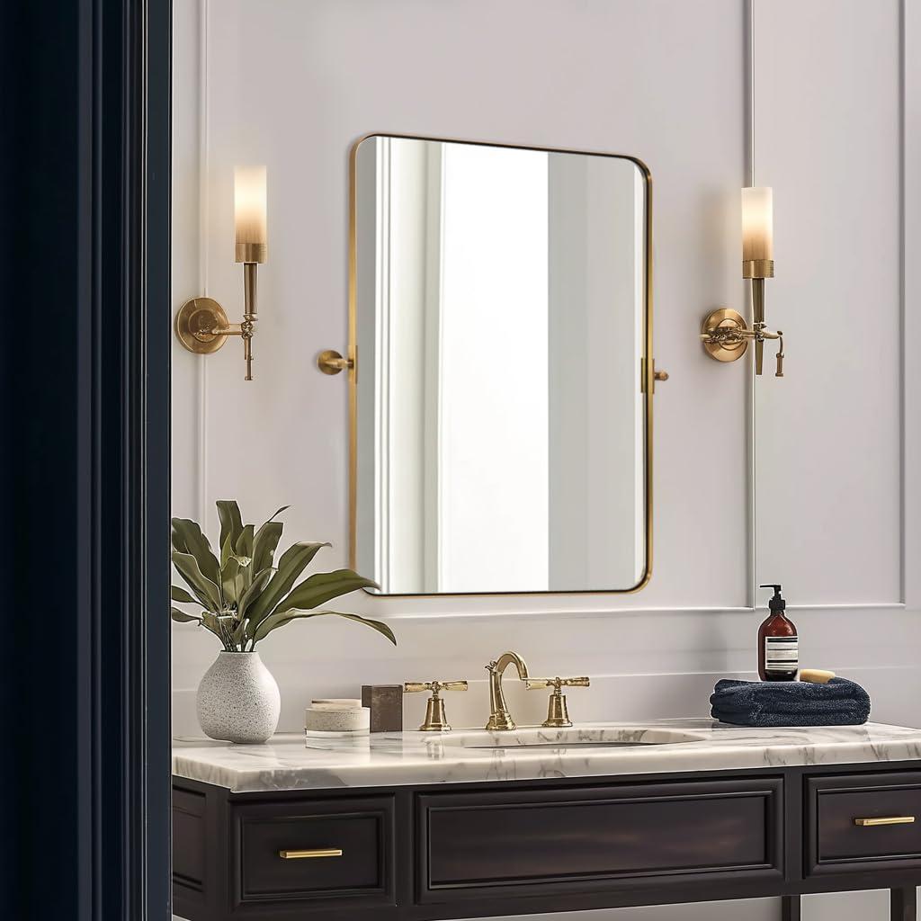 MOON MIRROR 22" x 30" Brushed Gold Metal Framed Pivot Rectangle Bathroom Mirror for Wall Mounted, Tilting Rounded Corner Rectangular Vanity Mirror Hangs Vertical Only