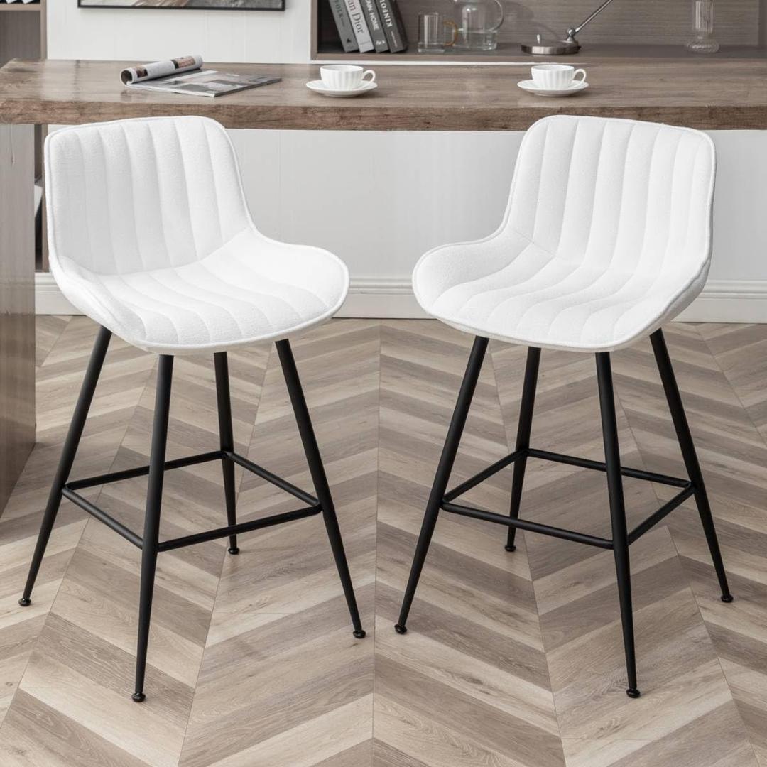 24’’ Bar Stools Set of 2 Modern Barstools White Bar Stools with Fabric Upholstery Counter Height Bar Stools with Low Back Stools for Kitchen Counter, Bar, Pub, Cafe (White).